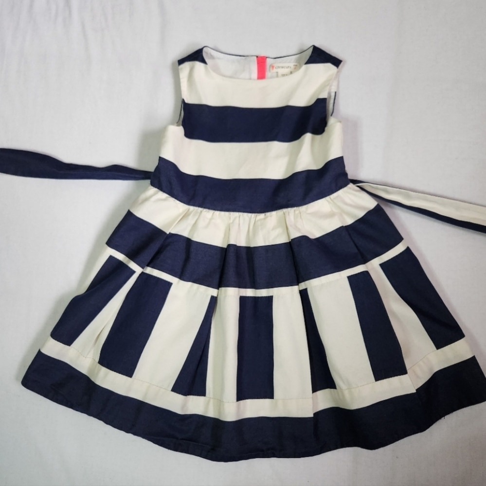 3/$15 J. Crew Crewcuts dress navy blue cream block stripes fit flare tie belt 2T - Picture 4 of 10